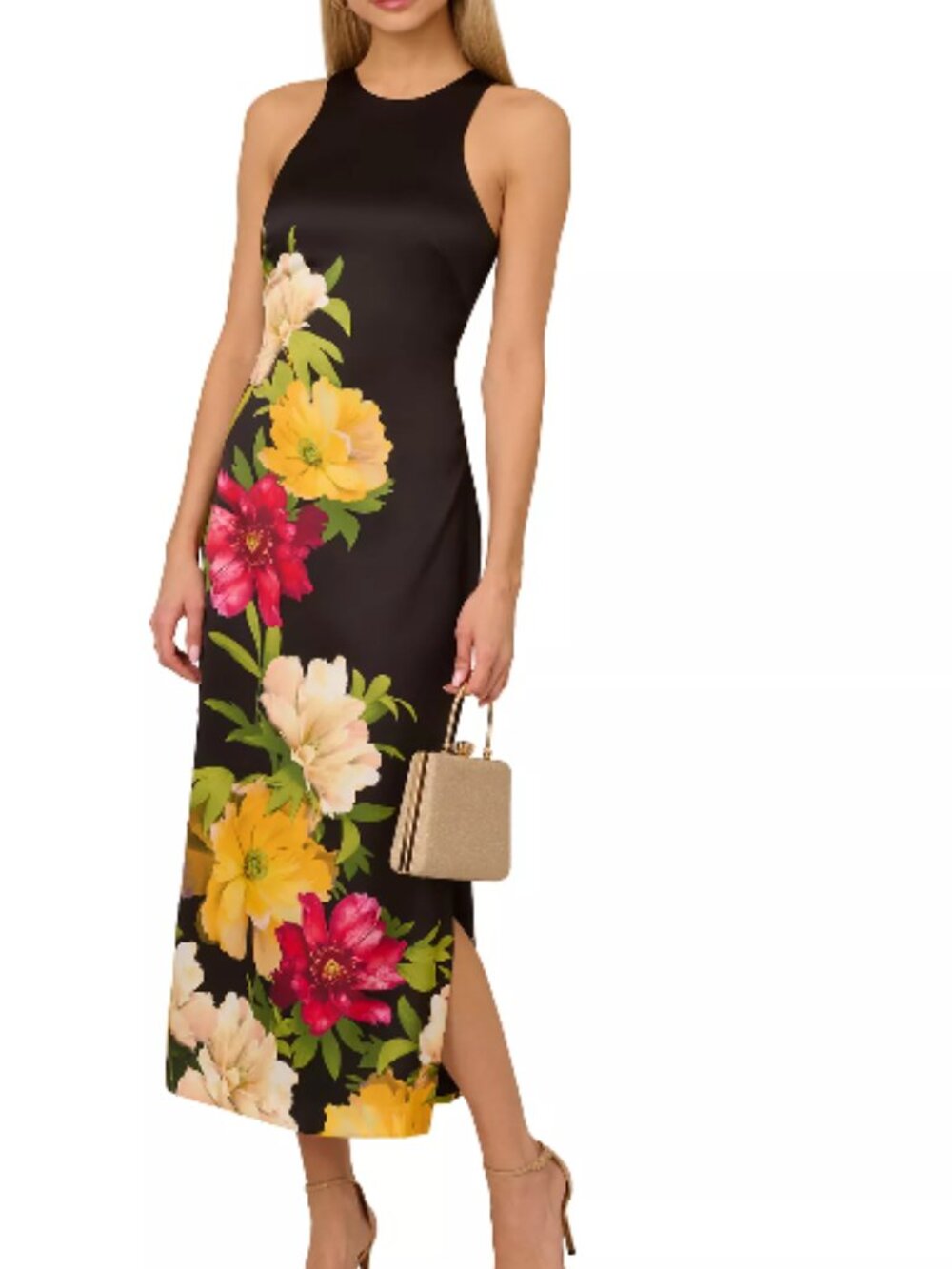 Adrianna Papell NWT Black Floral Print Satin Midi Dress Size:2